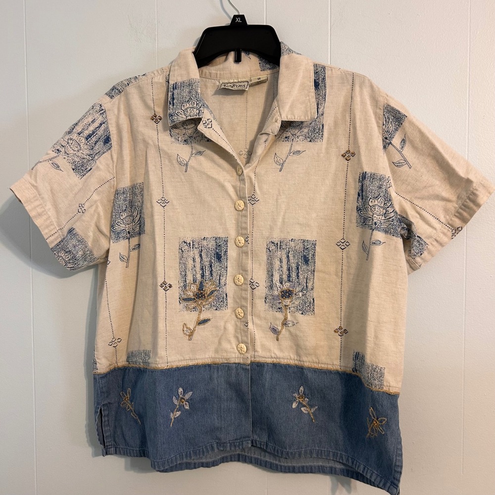 TanTrums Womens 1X Floral Block Print Embroidered Cotton Flax Button Up Shirt